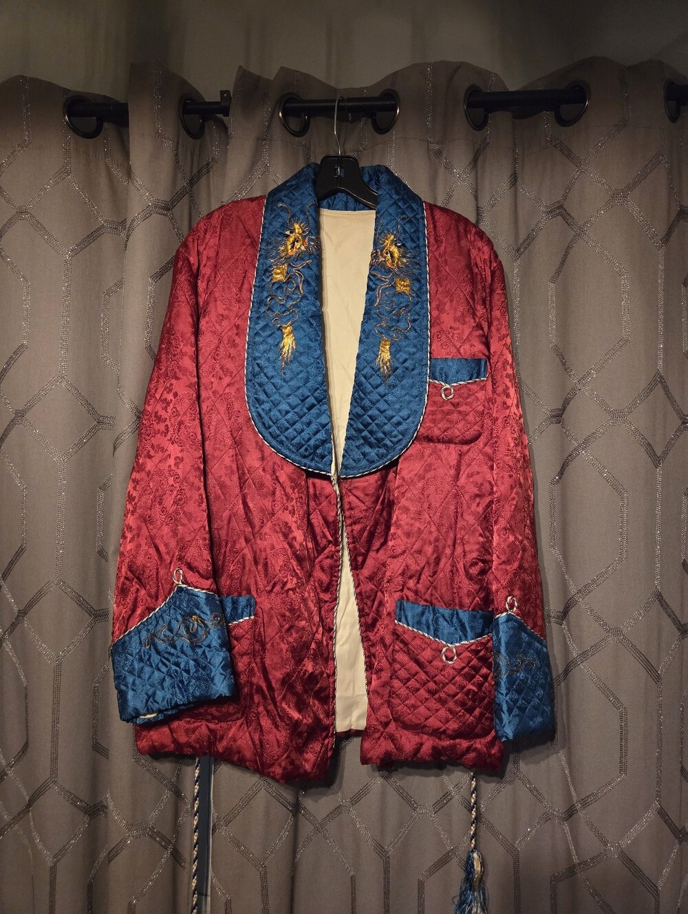 Vintage 40s 50s Maroon Blue Quilted Dragon Smoking Jacket L